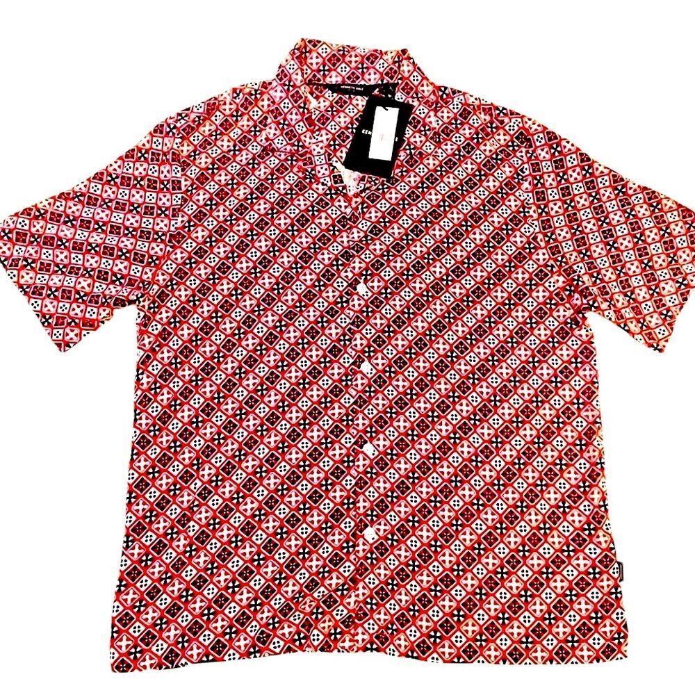 Kenneth Cole Men's Short Sleeve Button Down Shirt Red Blue Relaxed Sz Large NWT